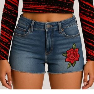 Rose Accent Patch Blue Jean Denim Shorts Stretchy
